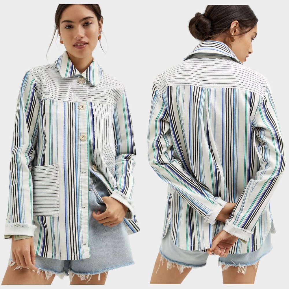 Anthropologie Maeve Striped Shirt Blue Green Jacket Women's Size S